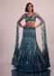 Blue Fish Cut Bridal Lehenga Set With Long Trail Sleeves And Heavy Embroidery