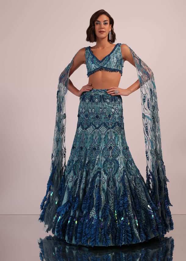 Blue Fish Cut Bridal Lehenga Set With Long Trail Sleeves And Heavy Embroidery