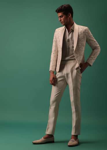 Off White Heavy Hand Embroidered Tuxedo Suit In Dola Silk