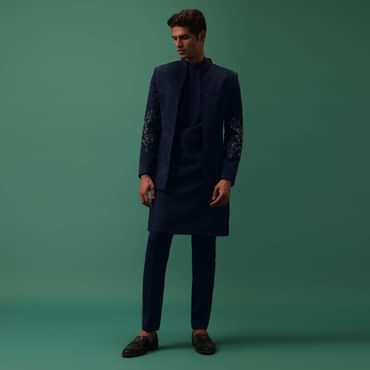 Navy Suede Jodhpuri And Kurta Set With Antique Geometric Embroidery