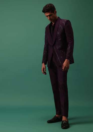 Wine Hand Embroidered Tuxedo Set With Fusing Pants