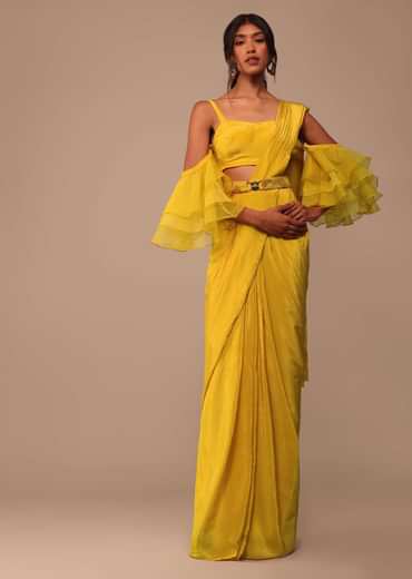 Mustard Yellow Crepe Saree With Ruffle Layered Blouse And Embroidered Belt