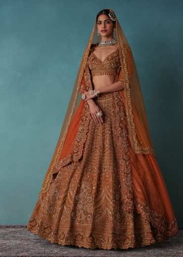 Brown Raw Silk Bridal Lehenga Set With Hand Embroidery