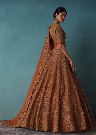 Brown Raw Silk Bridal Lehenga Set With Hand Embroidery