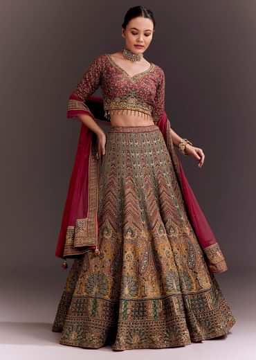 Brick Red Embroidered Lehenga Set