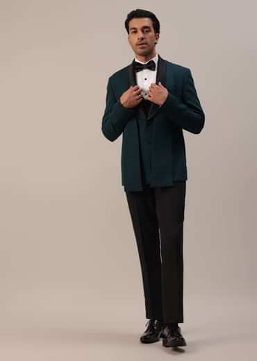 Bottle Green Crystal Studded Tuxedo Set In Polyester