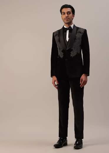 Black Crystal Handwork Tuxedo Set In Velvet