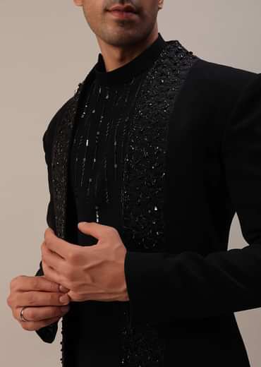 Black Cut Dana And Sequins Embroidered Indowestern In Suiting Fabric