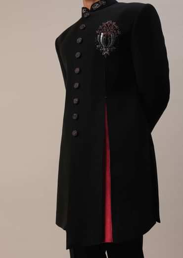 Black Asymmetric Indowestern With French Knots