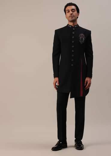 Black Asymmetric Indowestern With French Knots