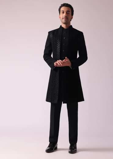 Black Embellished Indowestern In Suiting Fabric