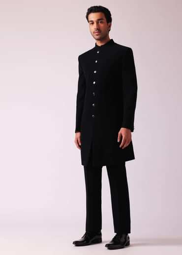 Black Embellished Indowestern In Suiting Fabric