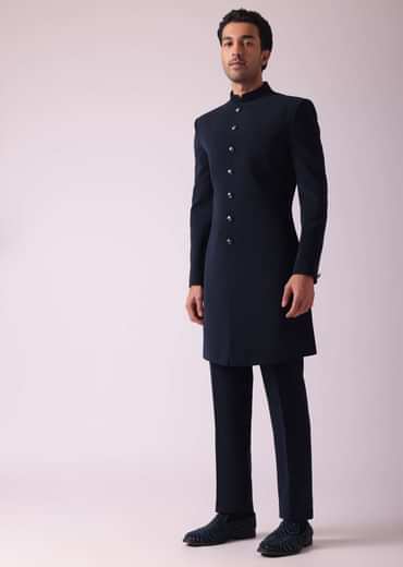 Navy Blue Geometric Patterned Achkan Style Indo Western Set