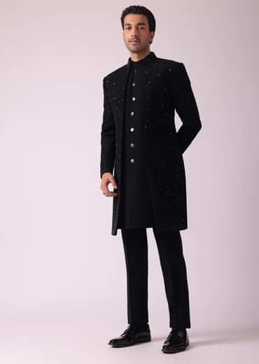 Black Patterned Indowestern Set In Suiting Fabric