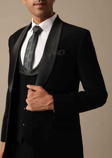 Black Blazer And Pant Set Tuxedo With Cutwork Detail