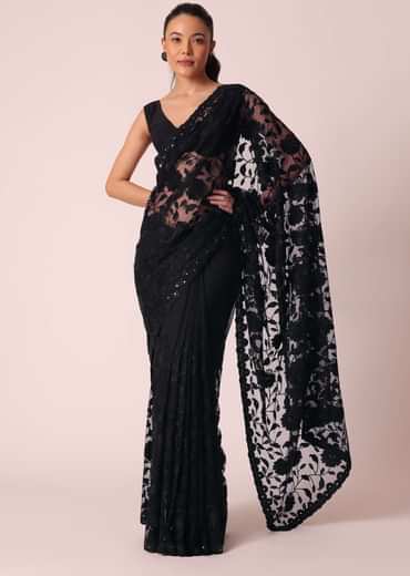 Black Net Saree With Floral Threadwork And Unstitched Blouse Piece