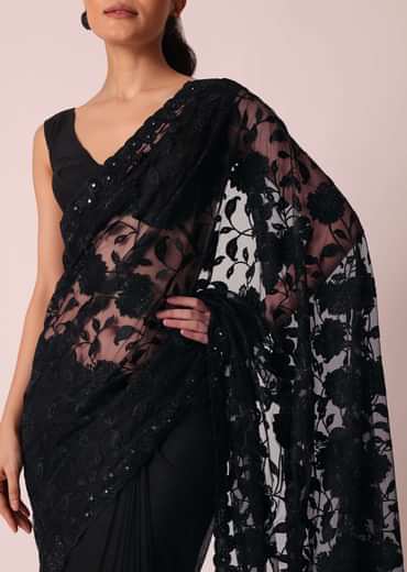 Black Net Saree With Floral Threadwork And Unstitched Blouse Piece
