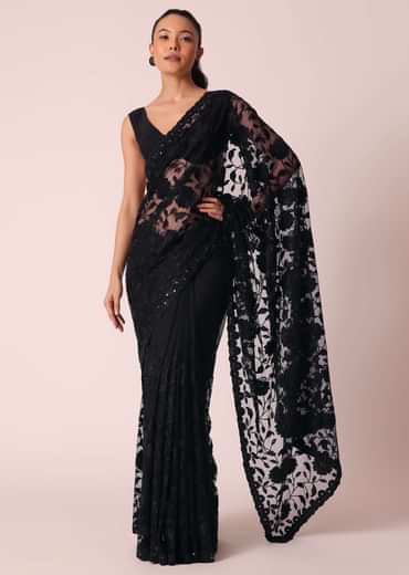 Black Net Saree With Floral Threadwork And Unstitched Blouse Piece