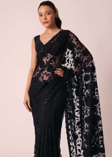 Black Net Saree With Floral Threadwork And Unstitched Blouse Piece