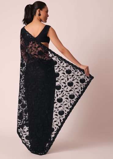 Black Net Saree With Floral Threadwork And Unstitched Blouse Piece