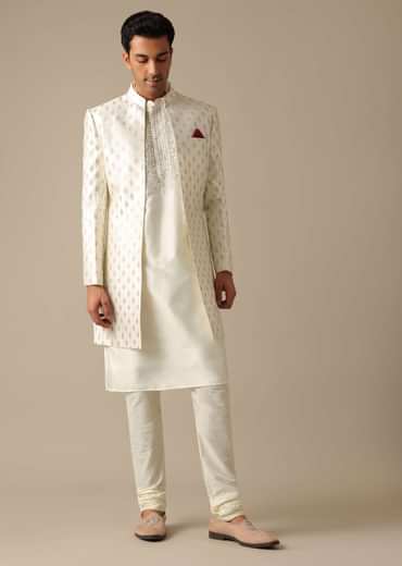 White Silk Embroidered Sherwani Set