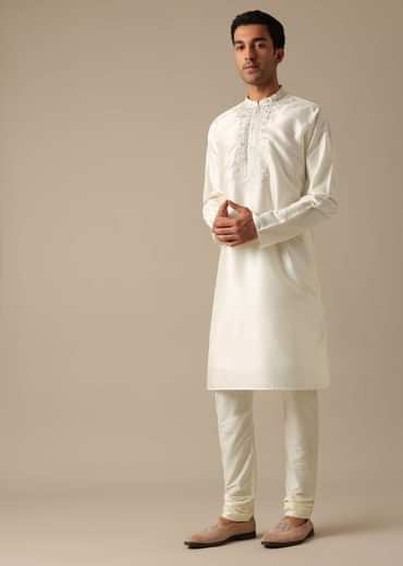 White Silk Embroidered Sherwani Set