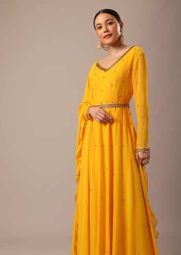 Yellow Hand Embroidered Anarkali Set With Belt And Frill Dupatta