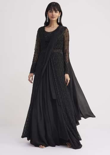 Black Embroidered Draped Skirt Saree With Blouse And Matching Jacket