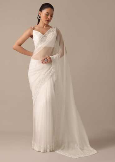 White Organza Saree With Bead Work Border And Unstitched Blouse Piece