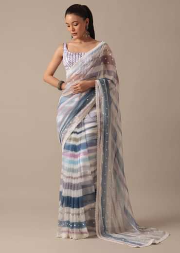 Blue Organza Striped Saree With Mirror Work And Unstitched Blouse Piece