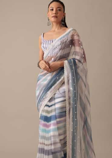 Blue Organza Striped Saree With Mirror Work And Unstitched Blouse Piece