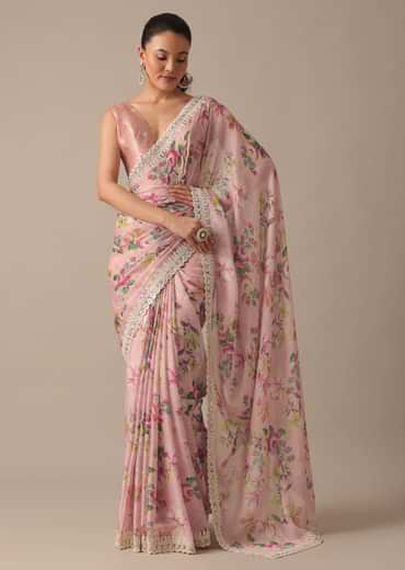 Pink Chiffon Saree With Floral Prints And Unstitched Blouse Piece