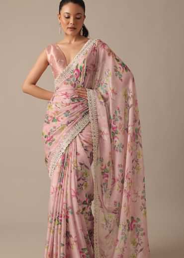 Pink Chiffon Saree With Floral Prints And Unstitched Blouse Piece