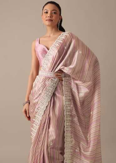 Pink Satin Saree With Belt And Unstitched Blouse Piece