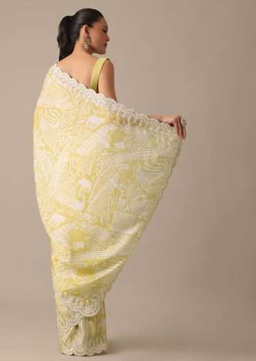 Yellow Printed Satin Saree With Embroidered Detail And Unstitched Blouse Piece