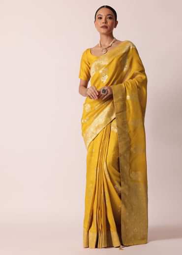 Mustard Yellow Banarasi Silk Saree With Zari Floral Motifs And Unstitched Blouse Piece