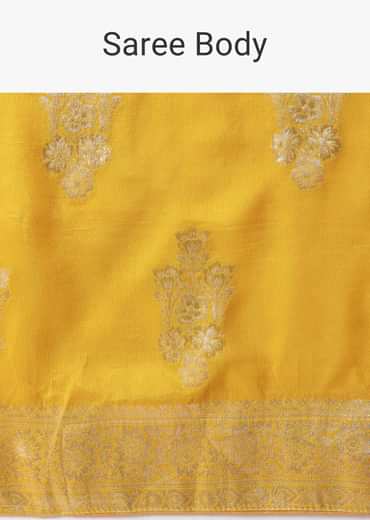 Mustard Yellow Banarasi Silk Saree With Zari Floral Motifs And Unstitched Blouse Piece