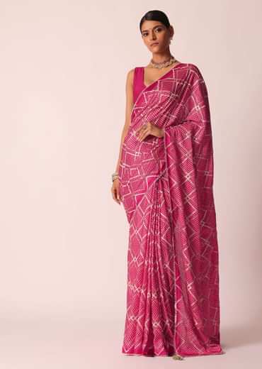 Pink Bandhani Saree With Gota Detail And Unstitched Blouse Piece