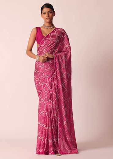 Pink Bandhani Saree With Gota Detail And Unstitched Blouse Piece