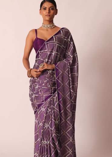 Purple Silk Bandhani Print Saree With Gota Embroidery And Unstitched Blouse Piece