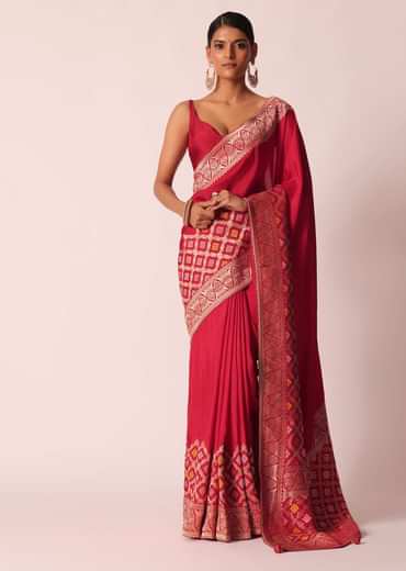 Red Silk Woven Saree With Bandhani Detail And Unstitched Blouse Piece