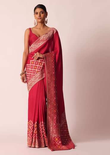 Red Silk Woven Saree With Bandhani Detail And Unstitched Blouse Piece