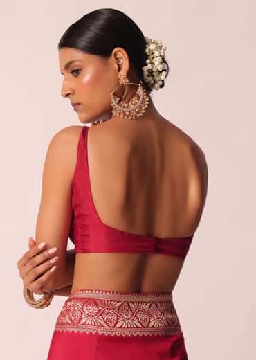 Red Silk Woven Saree With Bandhani Detail And Unstitched Blouse Piece
