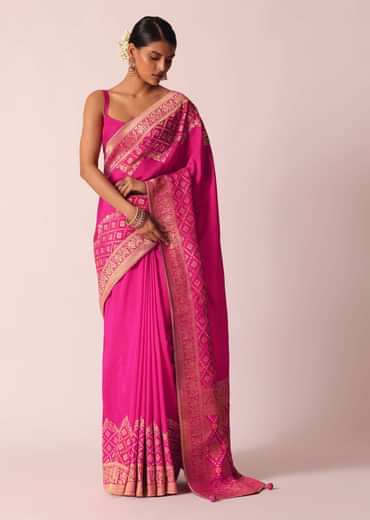 Pink Woven Saree In Silk With Bandhani Motifs And Unstitched Blouse Piece