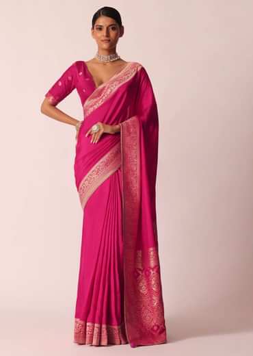 Rani Pink Woven Saree In Silk with Bandhani Detail And Unstitched Blouse Piece