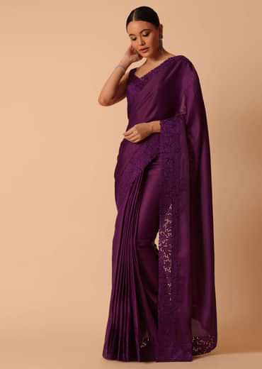 Wine Tussar Saree With Lace Border And Unstitched Blouse Piece