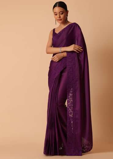 Wine Tussar Saree With Lace Border And Unstitched Blouse Piece