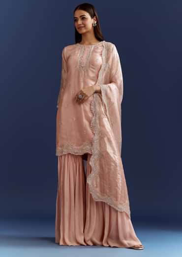 Peach Tissue Cutdana Kurta With Stone Work Dupatta In Tissue