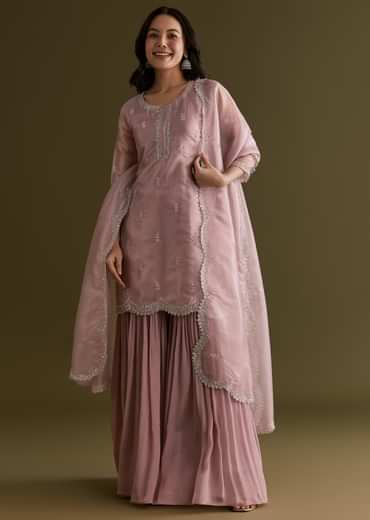 Light Lavender Tissue Kurta Sharara Set With Sequins And Cutdana Work