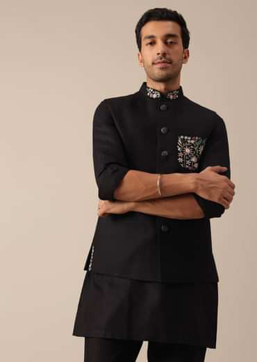 Black Linen Jacket And Kurta Set